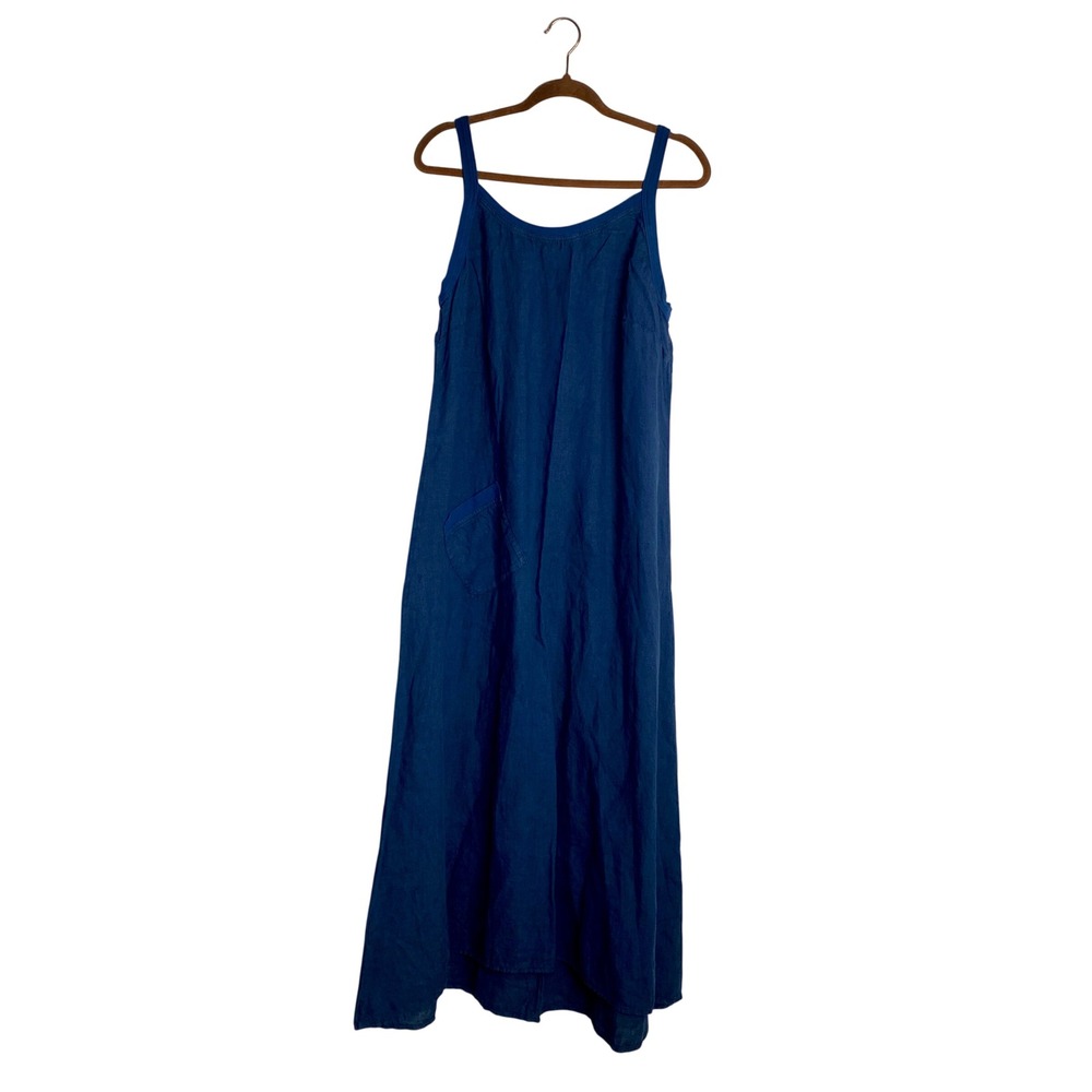 FLAX Blue Linen Maxi Dress M Coastal Grandmother Quiet Luxury Cottagecore